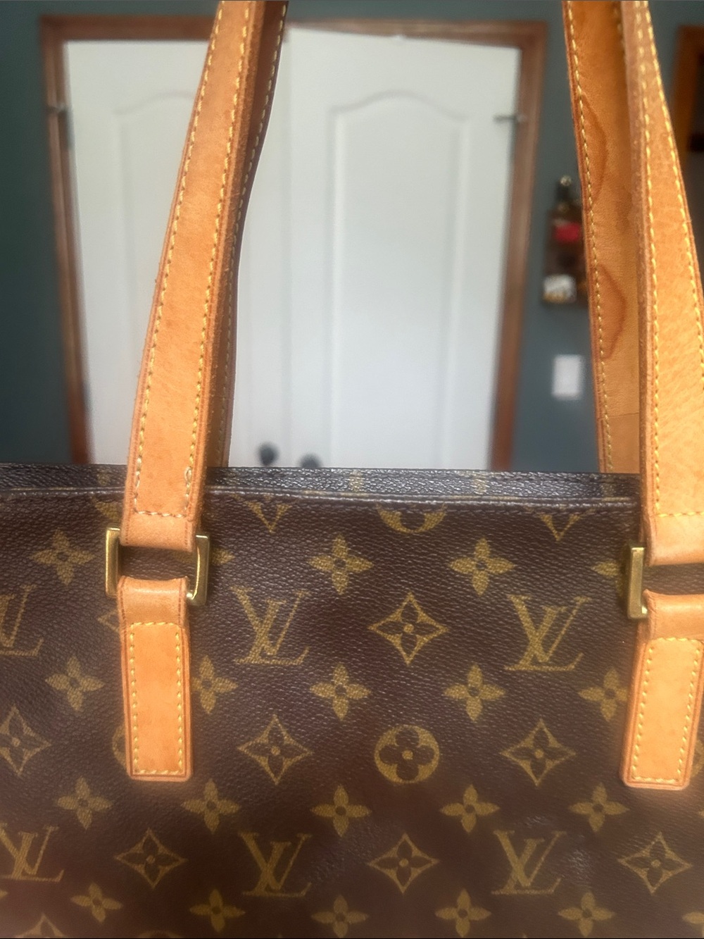 Louis Vuitton Brown Monogram Canvas Tote with Tan Leather Straps